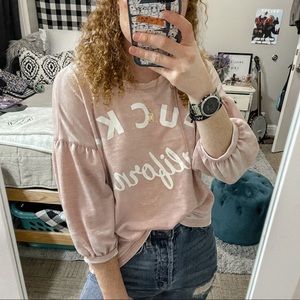 lucky brand pink graphic puff sleeve shirt oversized thin sweatshirt size small